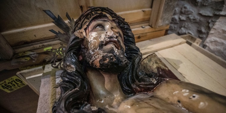 Damage after an American tourist attacked and toppled a statue of Jesus in the Church of the Flagellation on the Via Dolorosa in the Old City of Jerusalem on Feb. 2, 2023.