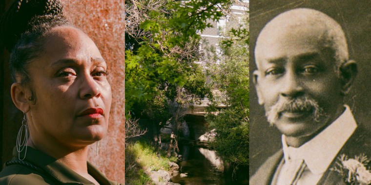 A tryptich showing Yolanda Tylu Owens, land owned by her family and her ancestor Edward Hatton.