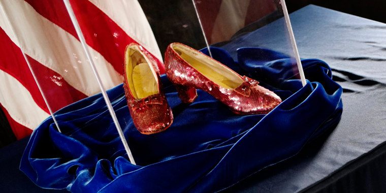 A pair of ruby slippers once worn by actress Judy Garland in the "The Wizard of Oz" at the FBI office in Brooklyn Center, Minn.