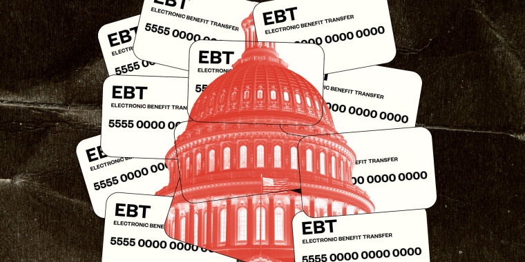 Photo Illustration: The US capitol overlaid on illustrations of EBT cards