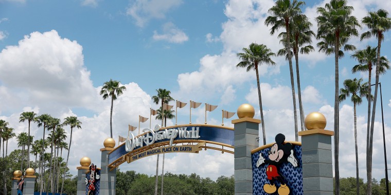  A sign near an entranceway to Walt Disney World on May 22, 2023 in Orlando, Fla.