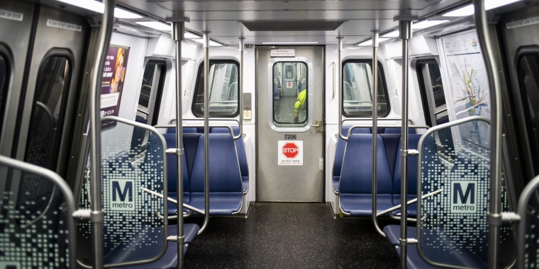 An empty subway car in Washington, D.C., on April 13, 2020.