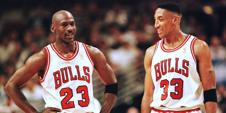 Michael Jordan and Scottie Pippen of the Chicago Bulls during a game against the Miami Heat in Chicago on May 22, 1997.