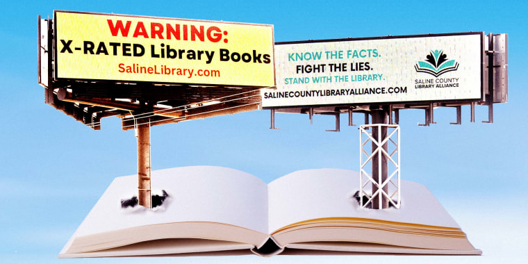 Photo Illustration: Two signs with dueling messages about library books emerge from an open book