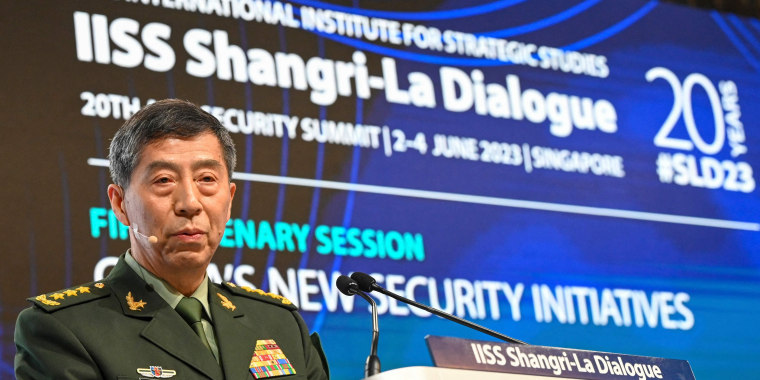 Li Shangfu, China's defense minister, delivers a speech during the 20th Shangri-La Dialogue summit in Singapore on June 4, 2023.