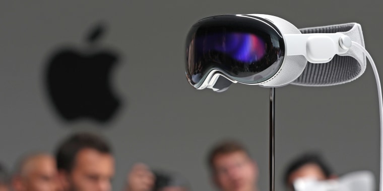 The new Apple Vision Pro headset is displayed during the Apple Worldwide Developers Conference on June 5, 2023 in Cupertino, Calif.