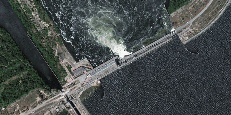 Satellite images reveal the scale of destruction after the Nova Kakhovka dam was destroyed in southern Ukraine on June 6, 2023. 