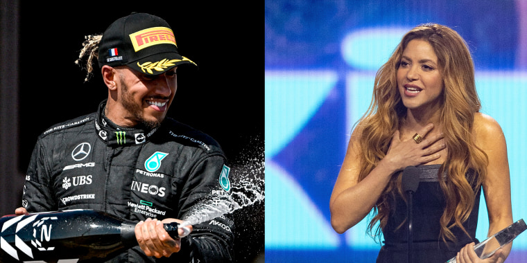 Lewis Hamilton abriendo una botella de champagne y Shakira recibiendo su reconocimiento en los premios Billboard Latin Women In Music.