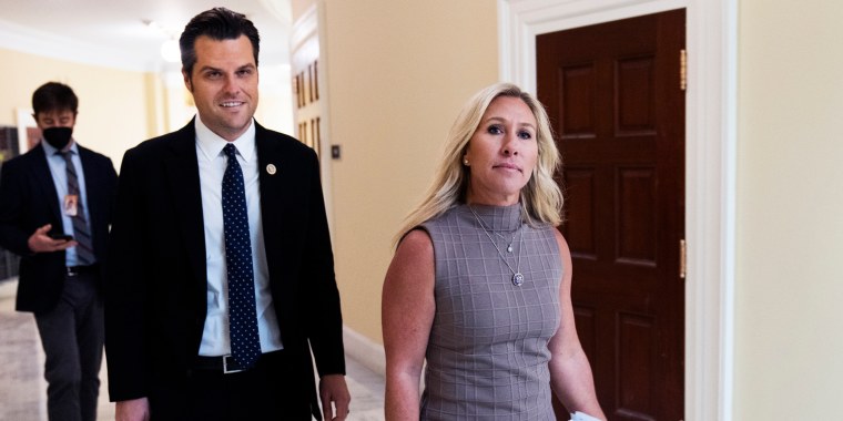 Matt Gaetz, left, and Marjorie Taylor Greene in the Cannon Building, in Washington D.C
