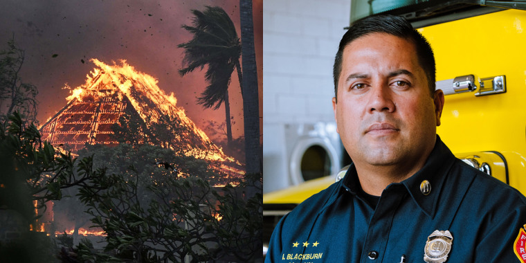 A wildfire burns in Lahaina, Hawaii on Aug. 8, 2023, and Capt. Ikaika Blackburn at Napili Fire Station in Lahaina.