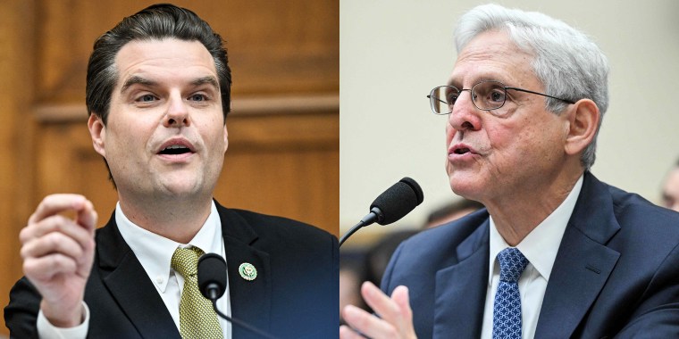 A composite image of Rep. Matt Gaetz, R-Fla., and Attorney General Merrick Garland during a hearing on Sept. 20, 2023.