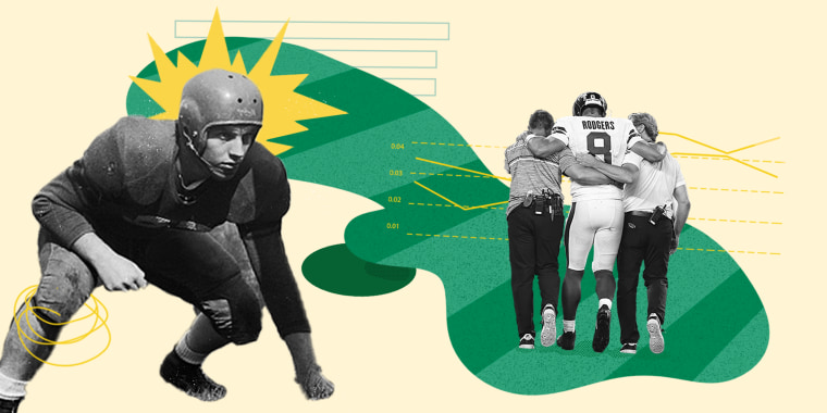 Photo illustration with cream background, green field with Aaron Rodgers being carried off field injured next to cutout of old fashioned football player