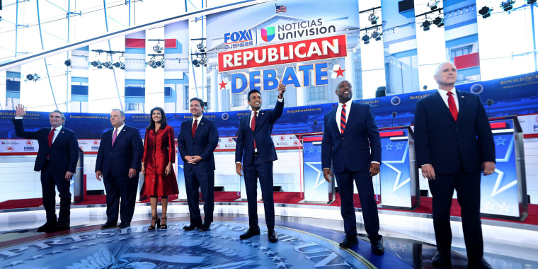Image: The Republican presidential candidates arrive for the FOX Business debate in Simi Valley, Calif., on Wednesday.