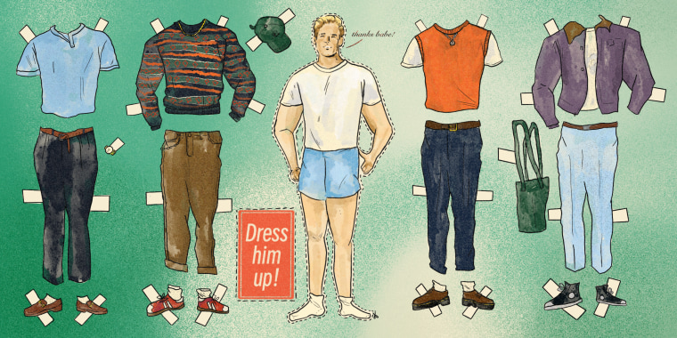 Illustration of paper doll of man and tik tok popular outfits sits on green gradient background