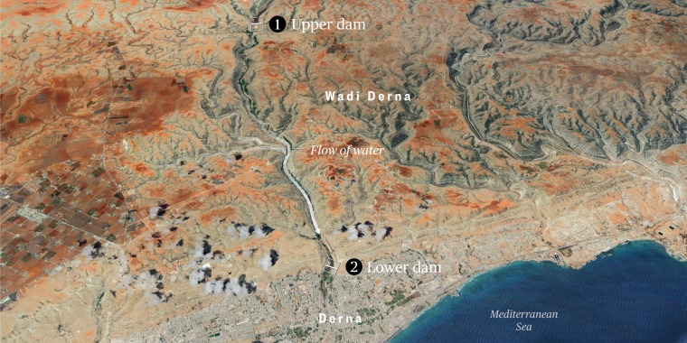 Map of the Denra region in Libya, showing how water flowed from two dams down into the city.