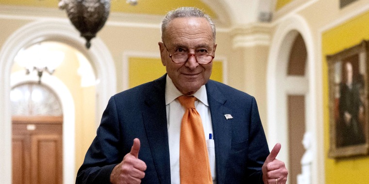 Image: Senate Majority Leader Chuck Schumer flashes a thumbs up after voting on the continuing resolution to stop a federal government shutdown for 45 days.