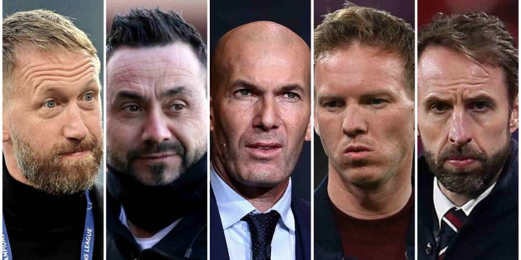 Graham Potter (i), Roberto De Zerbi, Zinedine Zidane, Julian Nagelsmann y Gareth Southgate suenan como opciones para dirigir al United.