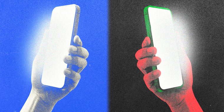 Photo Illustration: Two hands holding iPhones; one is blue and white and one is black, red, and green