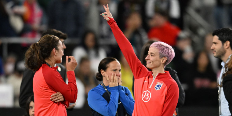 OL Reign's US midfielder #15 Megan Rapinoe waves after Gotham FC defeated OL Reign to win the National Women's Soccer League final match at Snapdragon Stadium in San Diego, California, on Nov. 11, 2023.