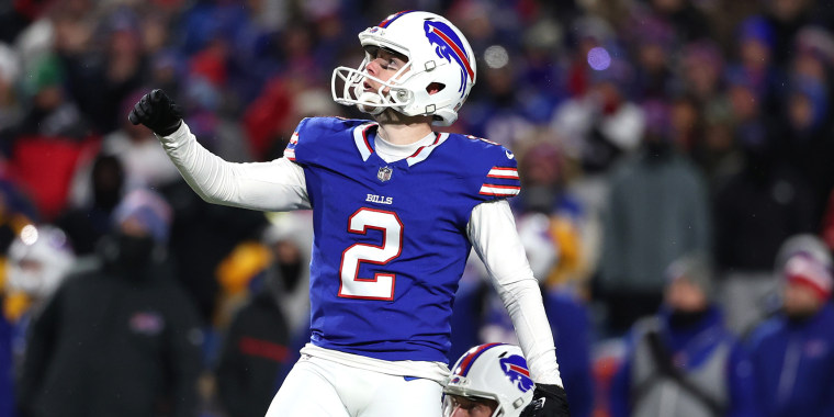 Tyler Bass #2 of the Buffalo Bills misses a 44 yard field goal attempt against the Kansas City Chiefs during the fourth quarter in the AFC Divisional Playoff game at Highmark Stadium on January 21, 2024 in Orchard Park, New York.