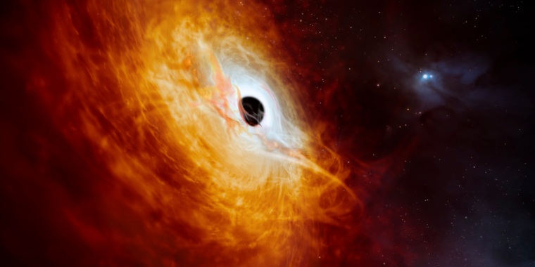 This illustration provided by the European Southern Observatory in February 2024, depicts the record-breaking quasar J059-4351, the bright core of a distant galaxy that is powered by a supermassive black hole. The supermassive black hole, seen here pulling in surrounding matter, has a mass 17 billion times that of the Sun and is growing in mass by the equivalent of another Sun per day, making it the fastest-growing black hole ever known. 