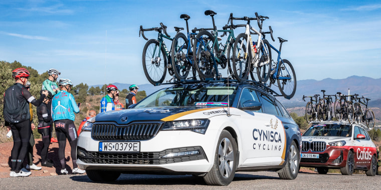 The Cynisca Cycling team car at the Vuelta CV Feminas 2024 race in Spain on Feb. 2, 2024.