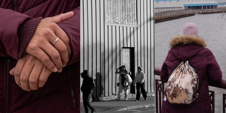 A triptych with an unidentified migrant and migrants outside a shelter.