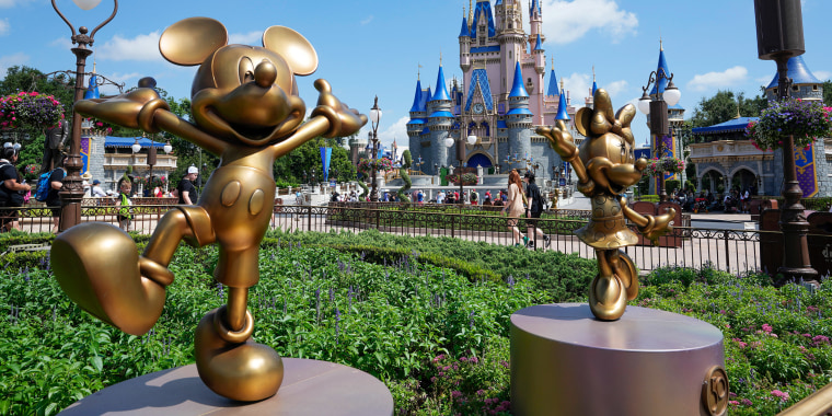Statues of Mickey and Mini Mouse with The Cinderella Castle in the background.