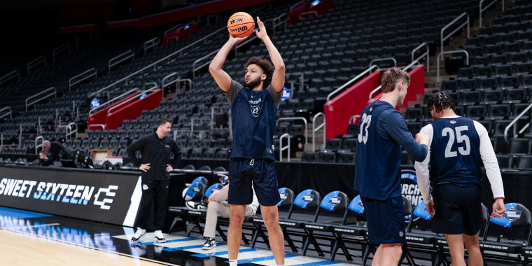 Anton Watson of Gonzaga shoots a 3-pointer during practice ahead of the NCAA Men's Basketball Tournament Sweet 16 round at Little Caesars Arena on March 28, 2024 in Detroit.