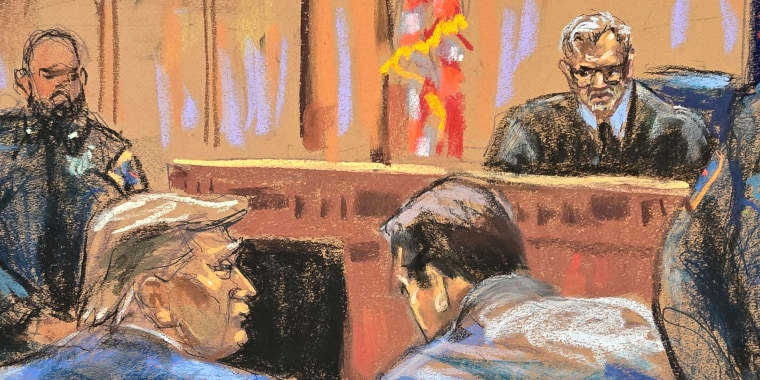 Courtroom sketch: Former President Donald Trump sits with his attorney Todd Blanch before Justice Juan M. Merchan in New York on April 15, 2024.