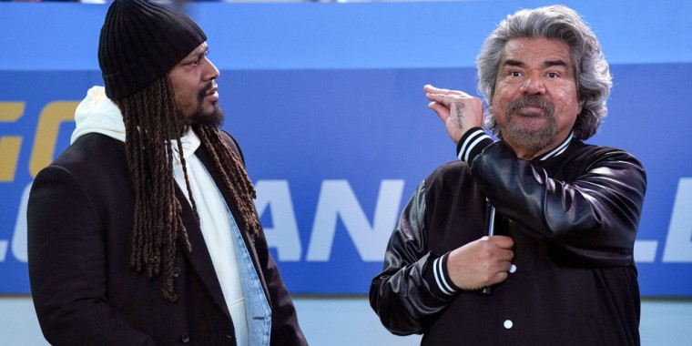 From left, Marshawn Lynch as Himself, George Lopez as George in episode 205 "Lopez vs Raider Nation". 