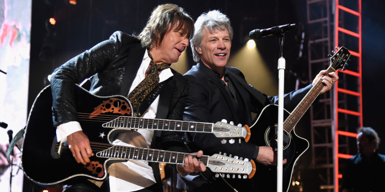 Richie Sambora and Jon Bon Jovi perform onstage in Cleveland