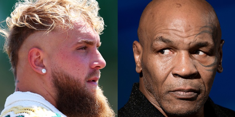 A side by side of Jake Paul and Mike Tyson