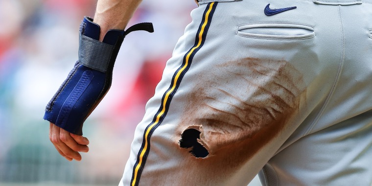 Torn hole in pants of MLB uniform