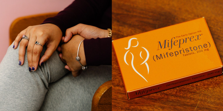 A side by side of two people holding hands and a box of Mifepristone on a table