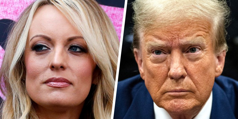 A split composite image of Stormy Daniels and Donald Trump