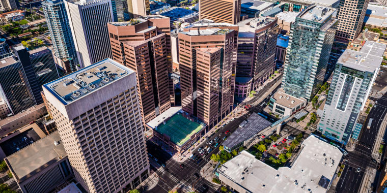 Phoenix Arizona, looming aerial view of downtown cityscape skyline skyscrapers