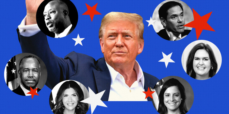 Photo illustration of Donald Trump and potential VP candidates: Marco Rubio, Sarah Huckabee Sanders, Elise Stefanik, Kristi Noem, Ben Carson, and Tim Scott