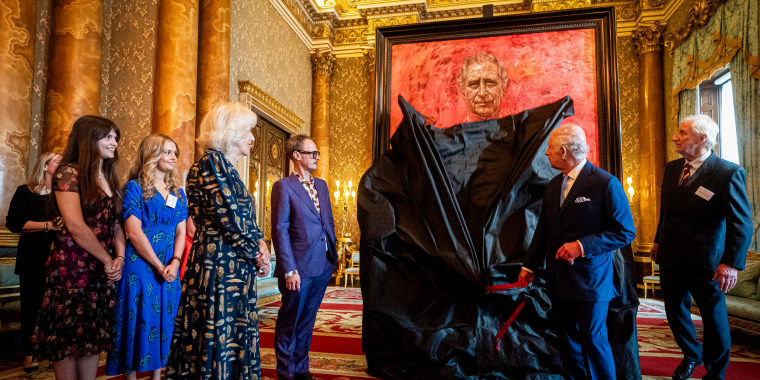 King Charles III and Queen Camilla at the unveiling of artist Jonathan Yeo's portrait.