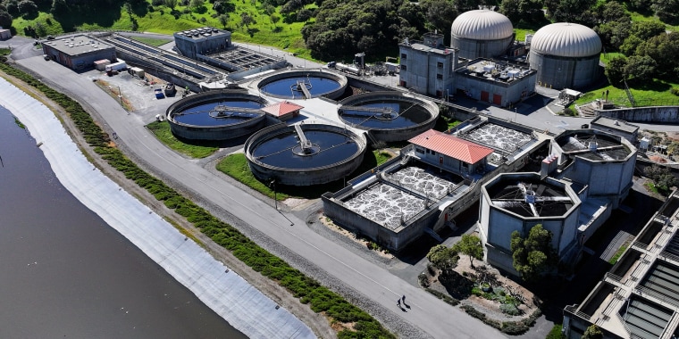 In an aerial view, pools of water are visible at Central Marin Sanitation Agency wastewater treatment plant