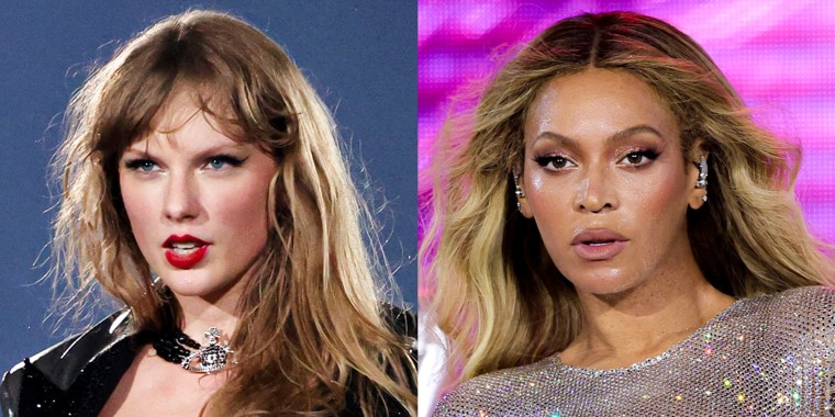 A split composite of Taylor Swift and Beyoncé.