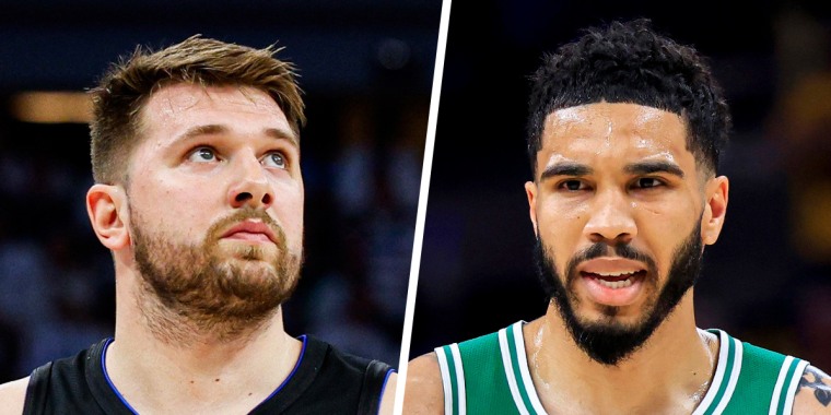 A split composite of Luka Doncic and Jayson Tatum.