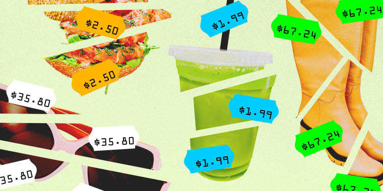 Photo Illustration: Common purchases sliced up into many pieces with individual price tags