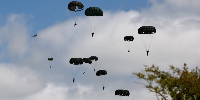 Parachute drop in Carentan-Les-Marais ahead of D-Day 80th anniversary commemorations, in Normandy, France