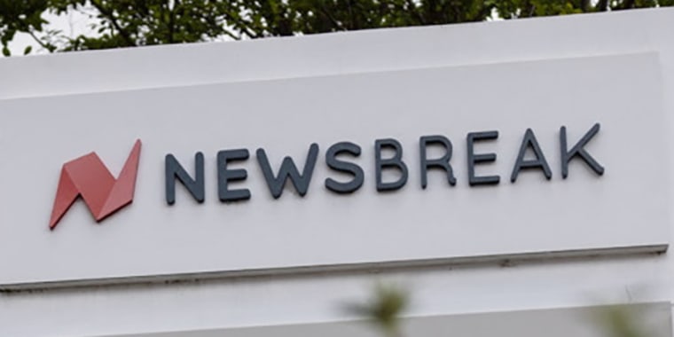 A Newsbreak company logo is displayed at a corporate office building in Mountain View, California
