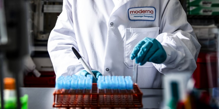 A scientist works in the lab at the Moderna Inc. headquarters