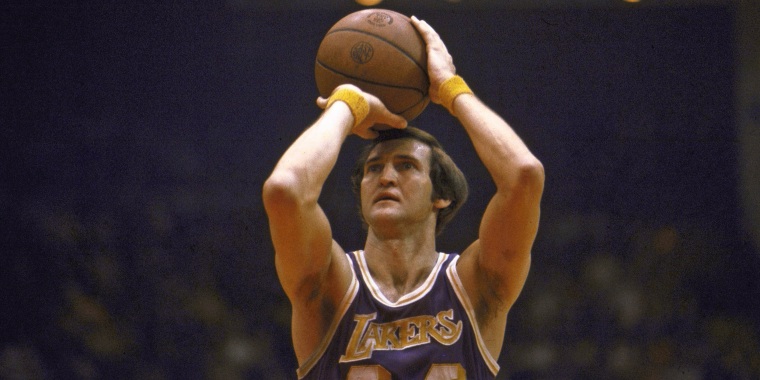 Jerry West of the Los Angeles Lakers takes a foul shot in 1973.