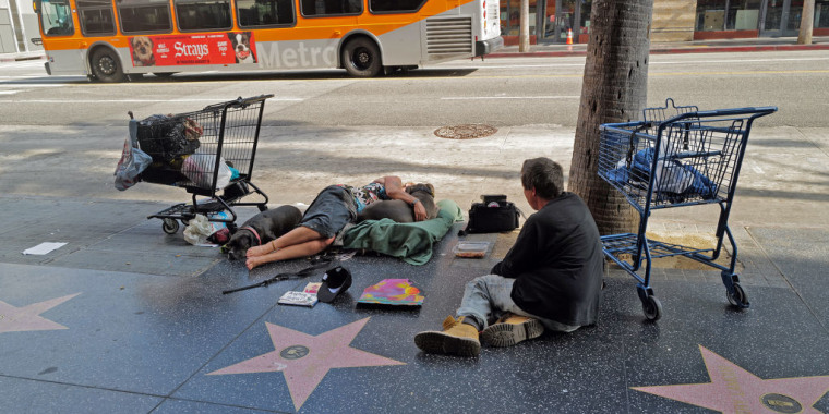 Personas sin hogar, y sus perros, se acuestan sobre el Paseo de la Fama en Los Ángeles, California, en agosto de 2023