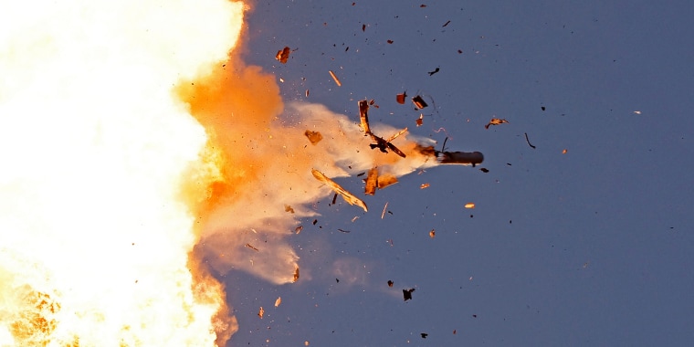 This photo taken from a position in northern Israel shows a Hezbollah UAV intercepted by Israeli air forces over north Israel on Aug. 25, 2024.