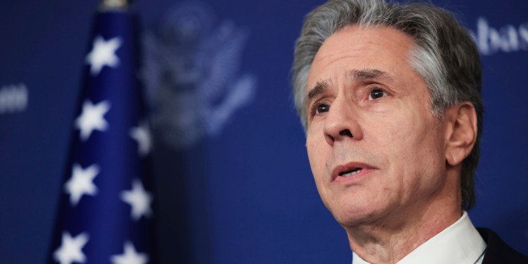 U.S. Secretary of State Antony Blinken speaks to media at the David Kempinski Hotel in Tel Aviv, Israel, Monday, Aug. 19, 2024. (Kevin Mohatt/Pool Photo via AP)